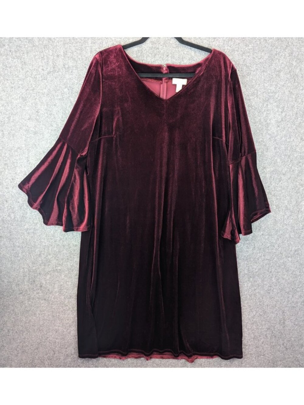Appleseed's Womens XL Burgundy Stretch Velvet Dress V-Neck 3/4 Bell Sleeve USA